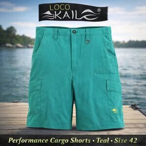 Loco Kaile Teal Performance Cargo Shorts Size 42 Stretch Utility Pocket